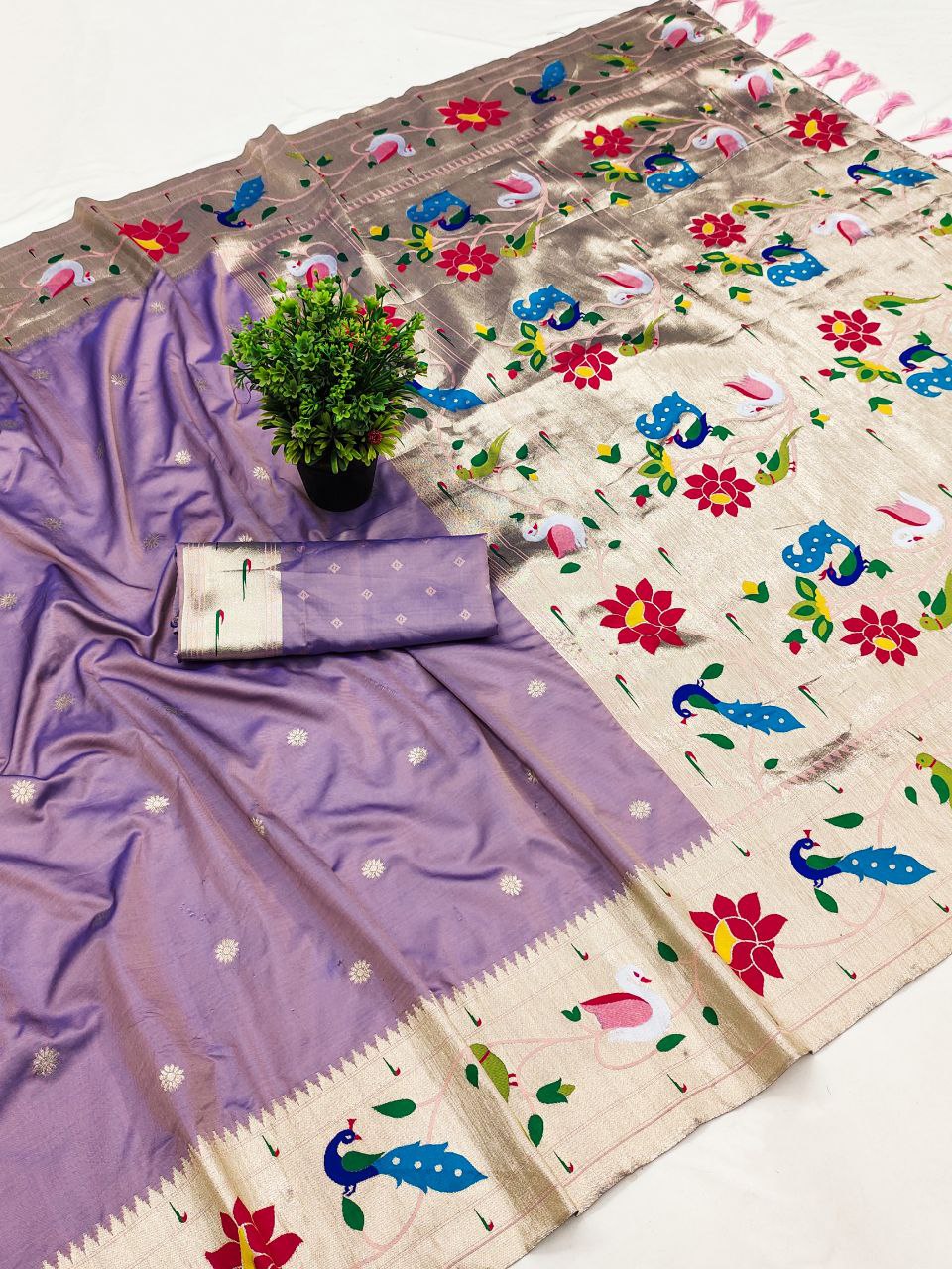 Mameraa Sarees Lavender Faux Banarasi Silk Saree With Paithani Rich Weaved Pallu And Blouse-Lavender | Grocsy