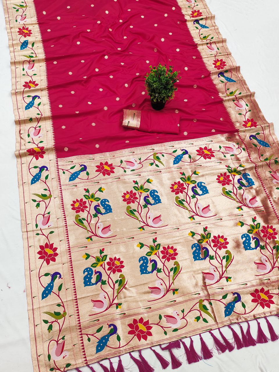 Mameraa Sarees Pink Faux Banarasi Silk Saree With Paithani Rich Weaved Pallu And Blouse-Pink | Grocsy