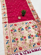 Mameraa Sarees Pink Faux Banarasi Silk Saree With Paithani Rich Weaved Pallu And Blouse-Pink | Grocsy