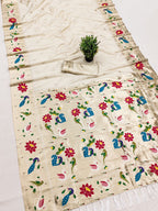 Mameraa Sarees Off White Faux Banarasi Silk Saree With Paithani Rich Weaved Pallu And Blouse-White | Grocsy