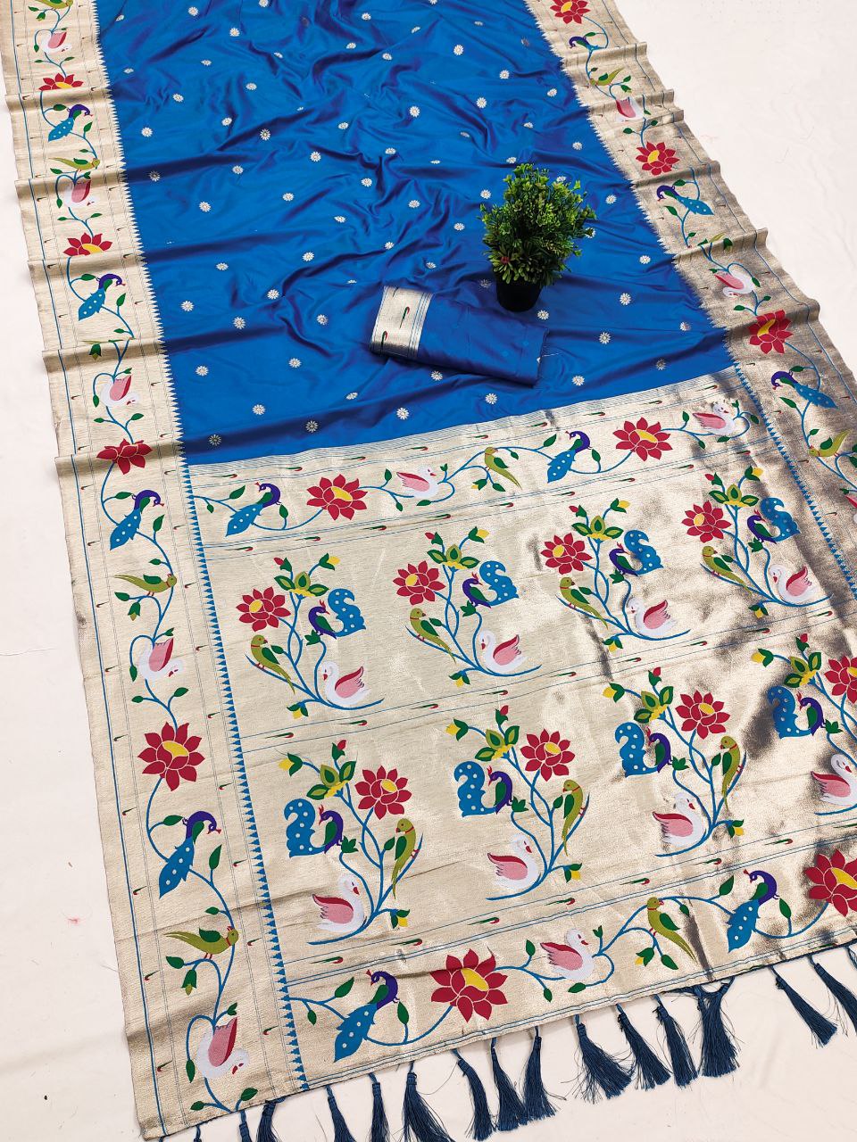 Mameraa Sarees Teal Blue Faux Banarasi Silk Saree With Paithani Rich Weaved Pallu And Blouse-Teal | Grocsy