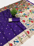 Mameraa Sarees Violet Faux Banarasi Silk Saree With Paithani Rich Weaved Pallu And Blouse-Violet | Grocsy