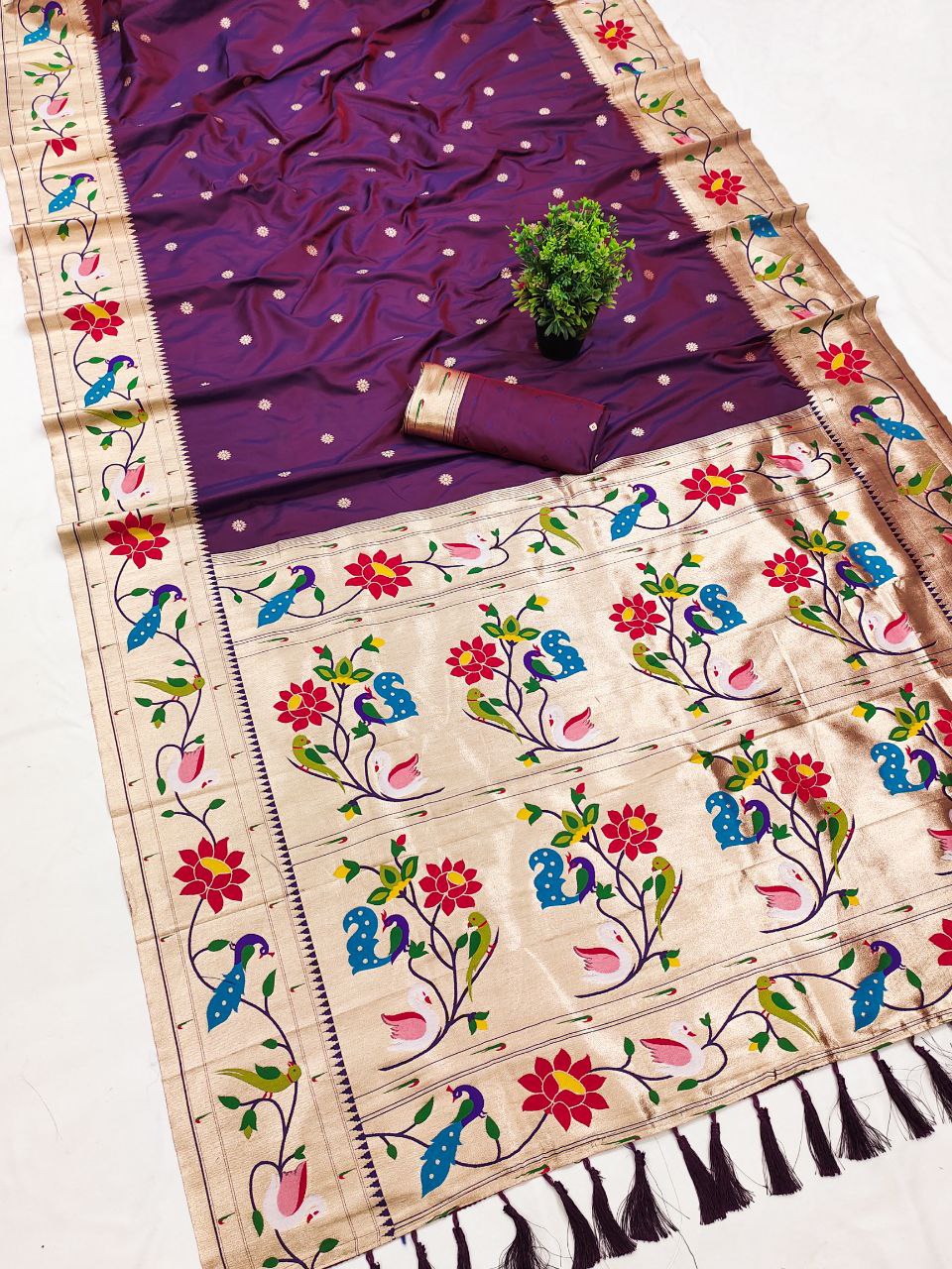 Mameraa Sarees Wine Faux Banarasi Silk Saree With Paithani Rich Weaved Pallu And Blouse-Wine | Grocsy
