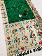 Mameraa Sarees Green Faux Banarasi Silk Saree With Paithani Rich Weaved Pallu And Blouse-Green | Grocsy