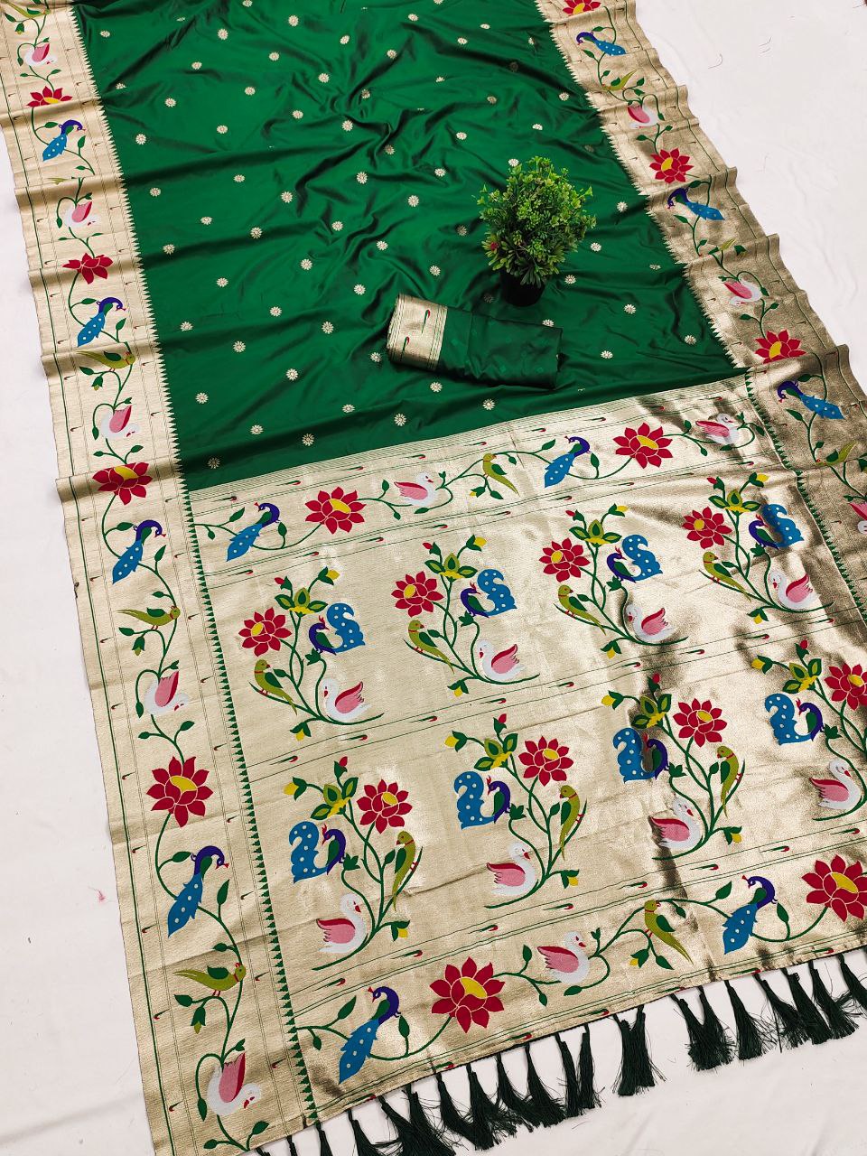 Mameraa Sarees Green Faux Banarasi Silk Saree With Paithani Rich Weaved Pallu And Blouse-Green | Grocsy