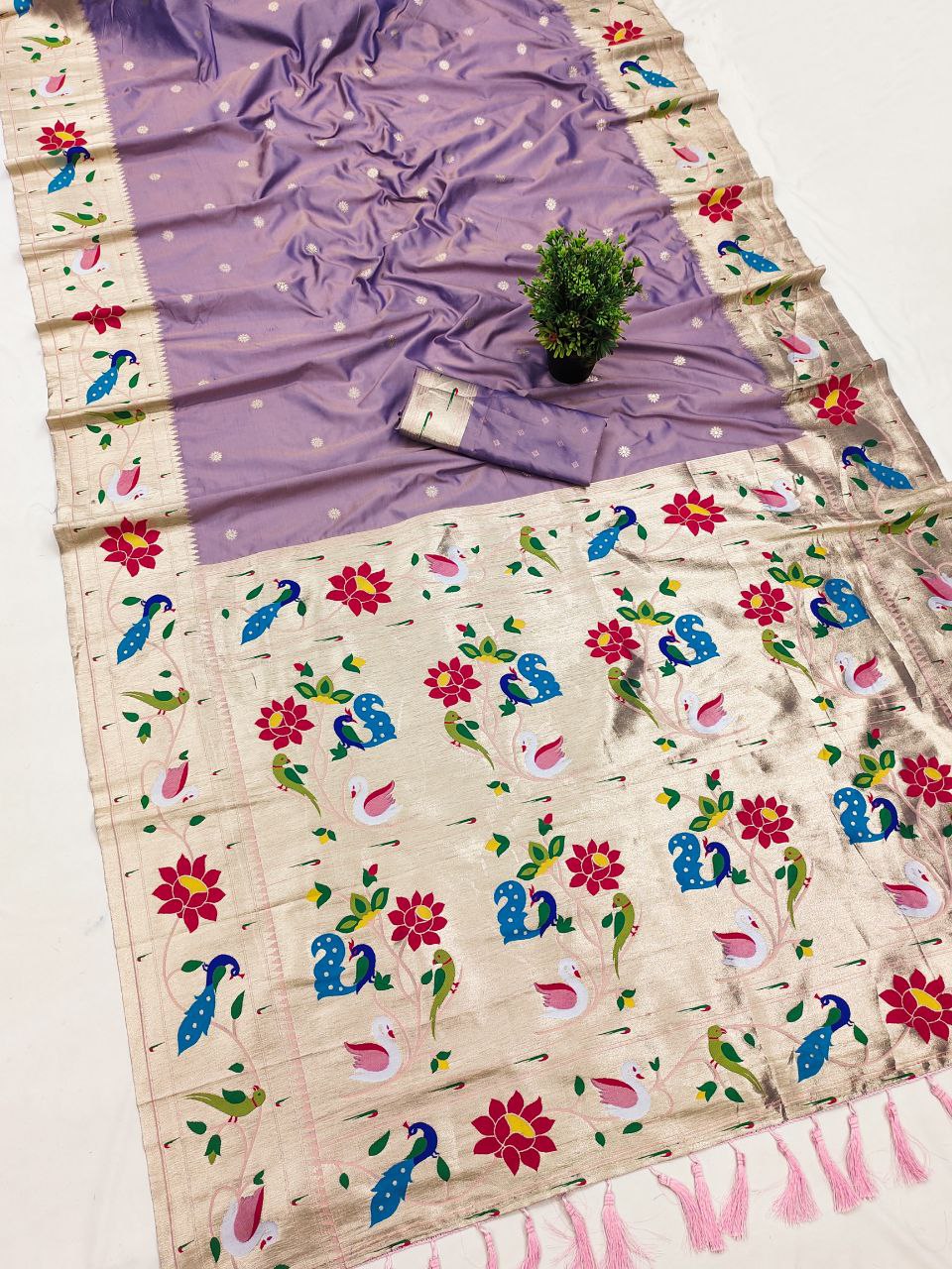 Mameraa Sarees Lavender Faux Banarasi Silk Saree With Paithani Rich Weaved Pallu And Blouse-Lavender | Grocsy