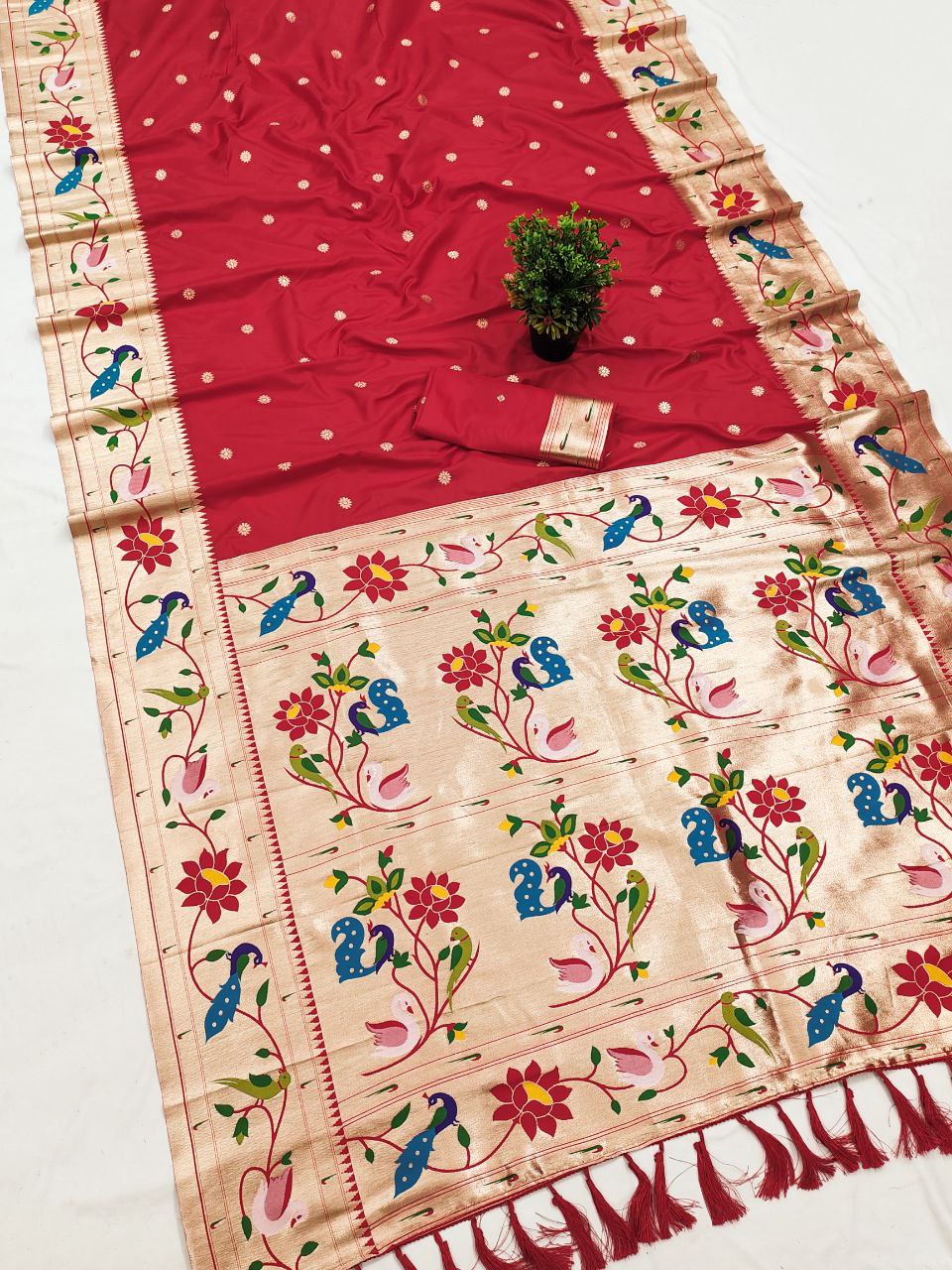 Mameraa Sarees Red Faux Banarasi Silk Saree With Paithani Rich Weaved Pallu And Blouse-Red | Grocsy