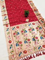Mameraa Sarees Red Faux Banarasi Silk Saree With Paithani Rich Weaved Pallu And Blouse-Red | Grocsy