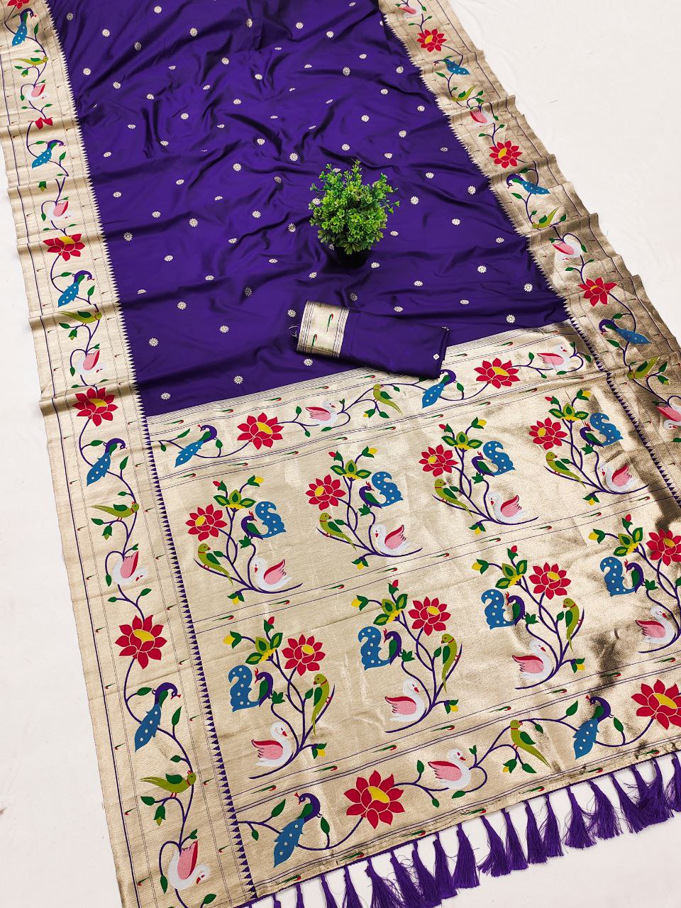 Mameraa Sarees Violet Faux Banarasi Silk Saree With Paithani Rich Weaved Pallu And Blouse-Violet | Grocsy