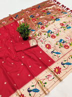 Mameraa Sarees Red Faux Banarasi Silk Saree With Paithani Rich Weaved Pallu And Blouse-Red | Grocsy