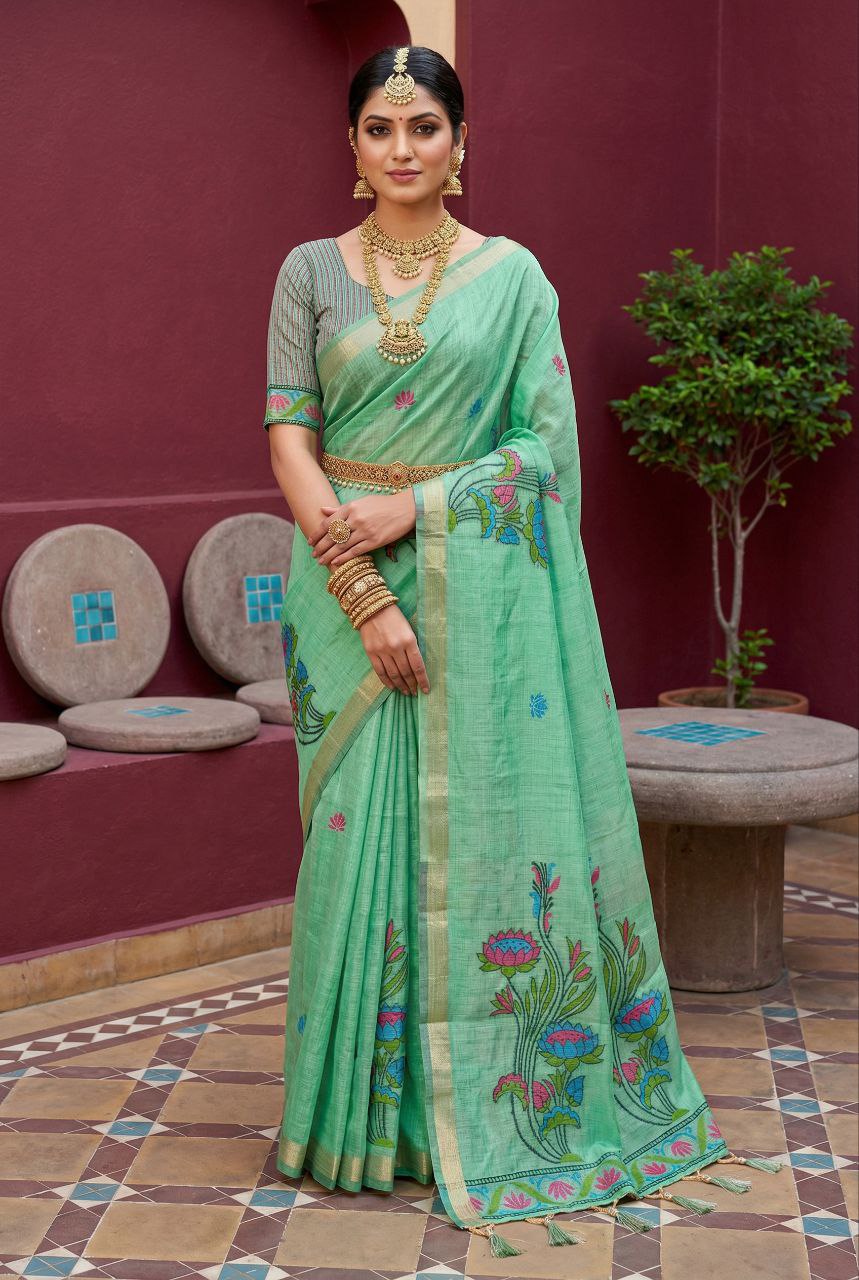Mameraa Sarees Soft Pure Muga Cotton Saree With Meenakari Weaving Motifs And Contrast Blouse-Green | Grocsy
