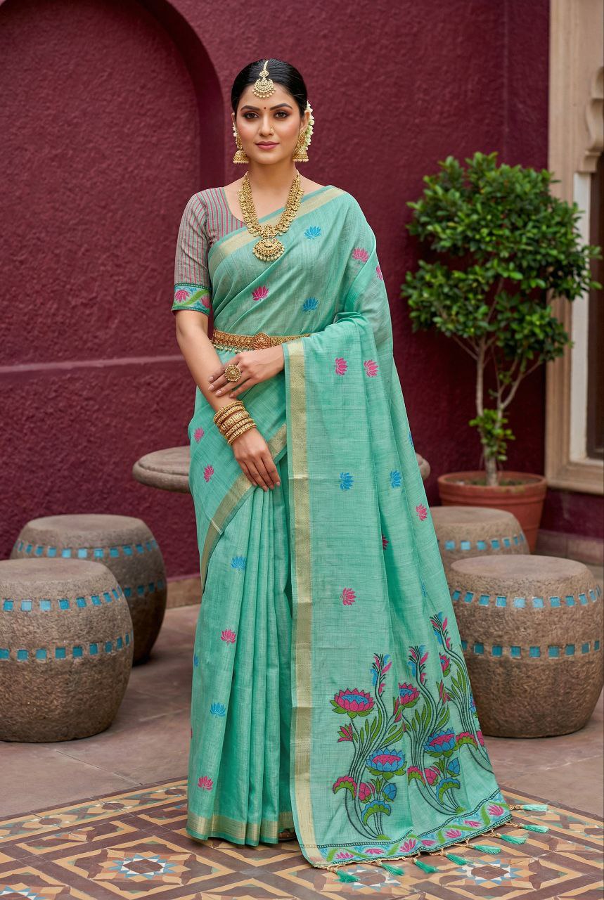Mameraa Sarees Soft Pure Muga Cotton Saree With Meenakari Weaving Motifs And Contrast Blouse-Sea_Green | Grocsy