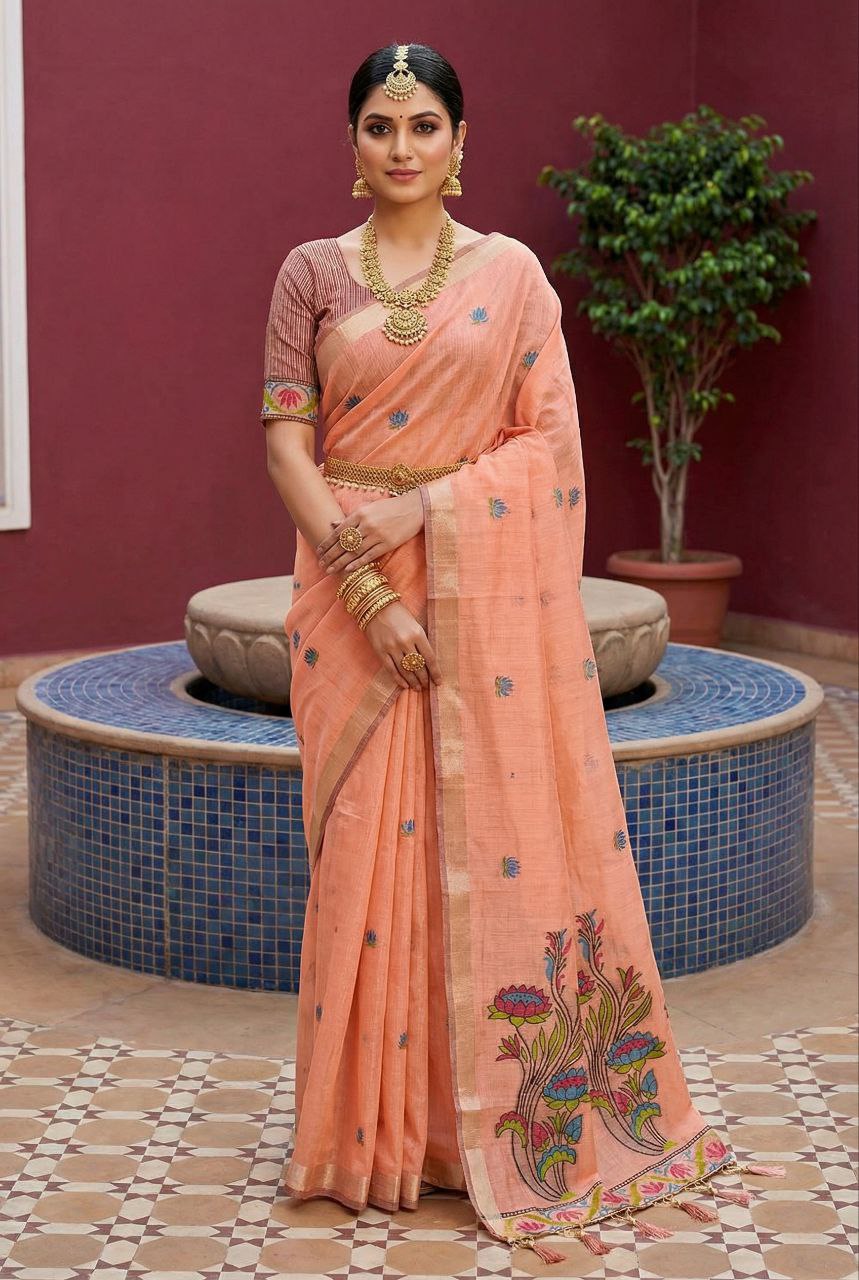 Mameraa Sarees Soft Pure Muga Cotton Saree With Meenakari Weaving Motifs And Contrast Blouse-Peach | Grocsy