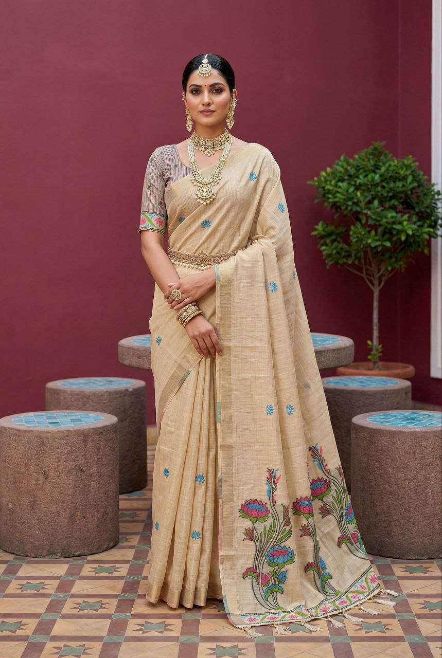 Mameraa Sarees Soft Pure Muga Cotton Saree With Meenakari Weaving Motifs And Contrast Blouse-Cream | Grocsy