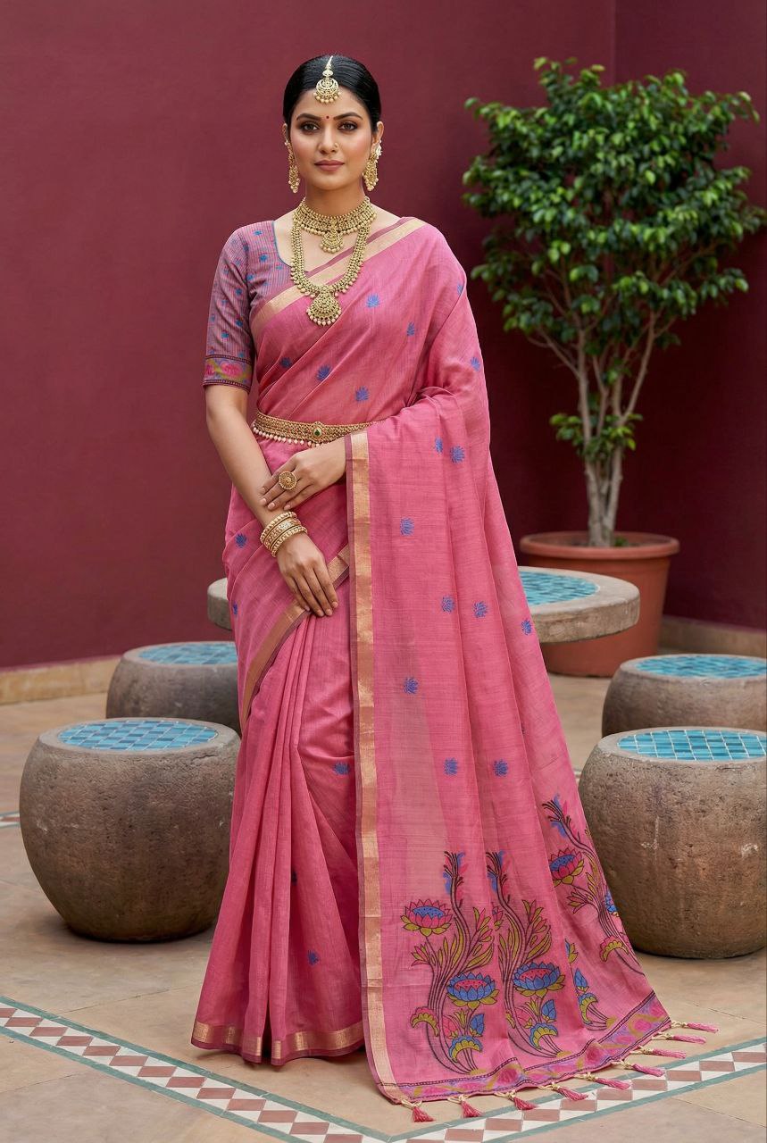 Mameraa Sarees Soft Pure Muga Cotton Saree With Meenakari Weaving Motifs And Contrast Blouse-Pink | Grocsy