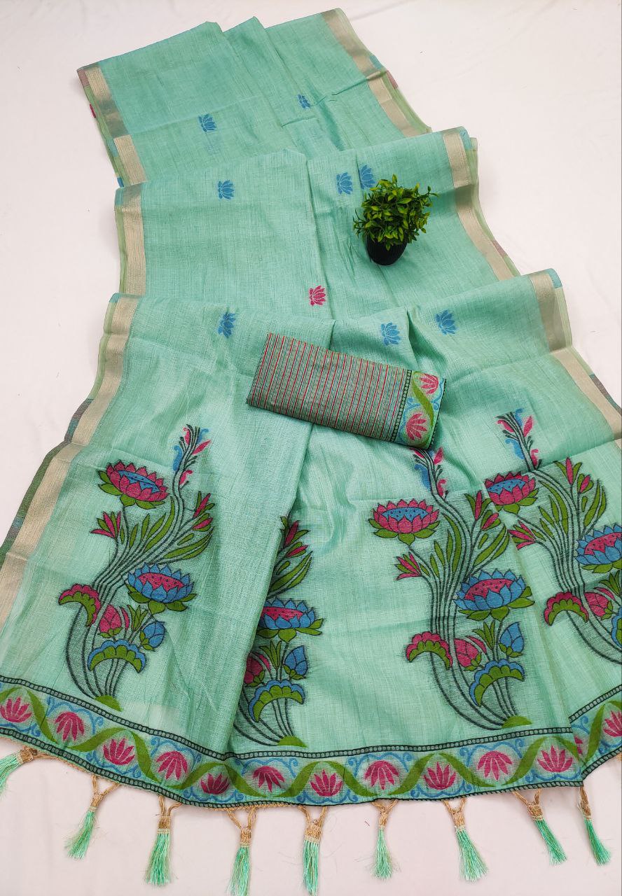 Mameraa Sarees Soft Pure Muga Cotton Saree With Meenakari Weaving Motifs And Contrast Blouse-Sea_Green | Grocsy