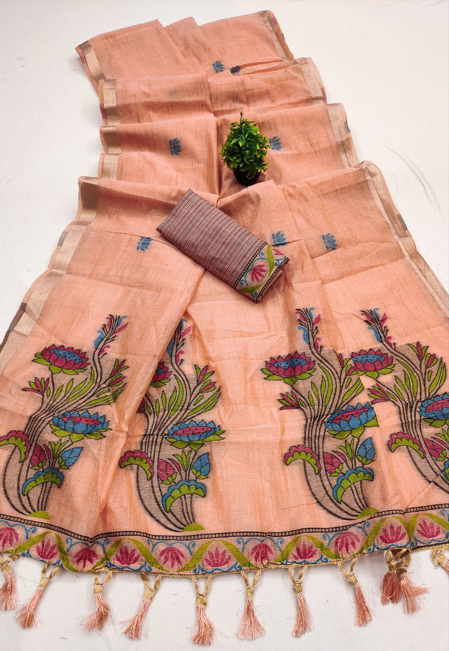 Mameraa Sarees Soft Pure Muga Cotton Saree With Meenakari Weaving Motifs And Contrast Blouse-Peach | Grocsy