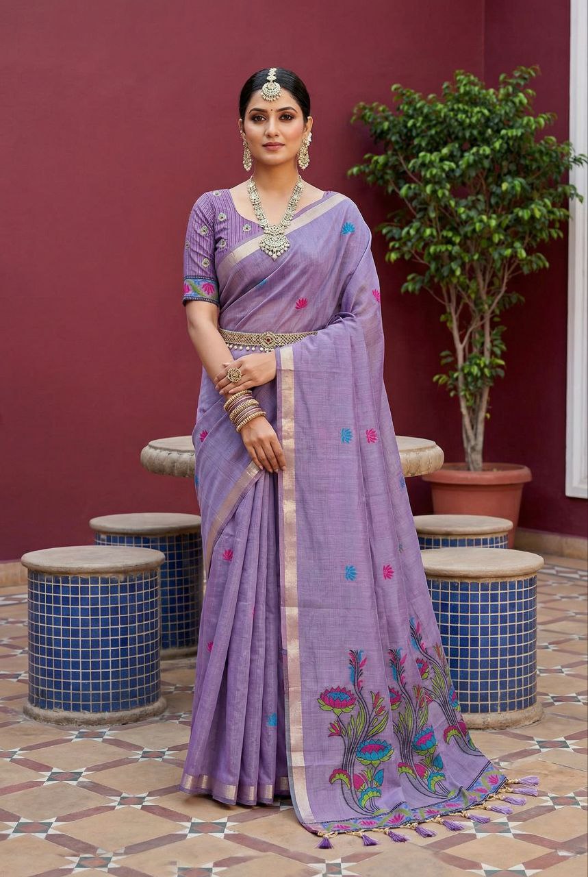 Mameraa Sarees Soft Pure Muga Cotton Saree With Meenakari Weaving Motifs And Contrast Blouse-Lavender | Grocsy