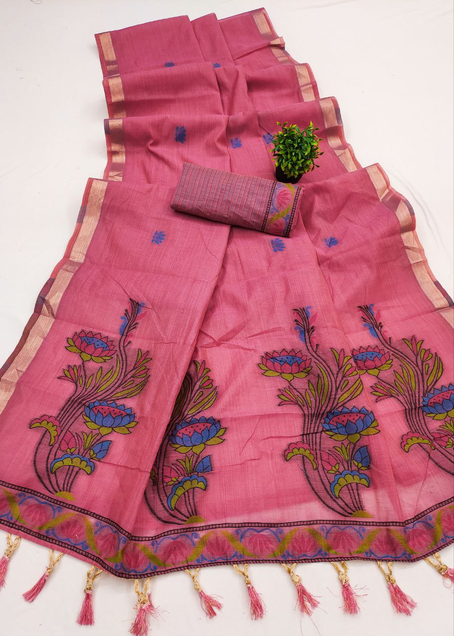 Mameraa Sarees Soft Pure Muga Cotton Saree With Meenakari Weaving Motifs And Contrast Blouse-Pink | Grocsy