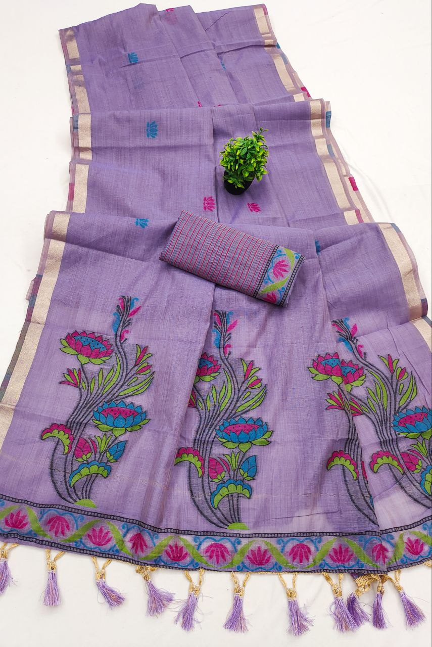 Mameraa Sarees Soft Pure Muga Cotton Saree With Meenakari Weaving Motifs And Contrast Blouse-Lavender | Grocsy