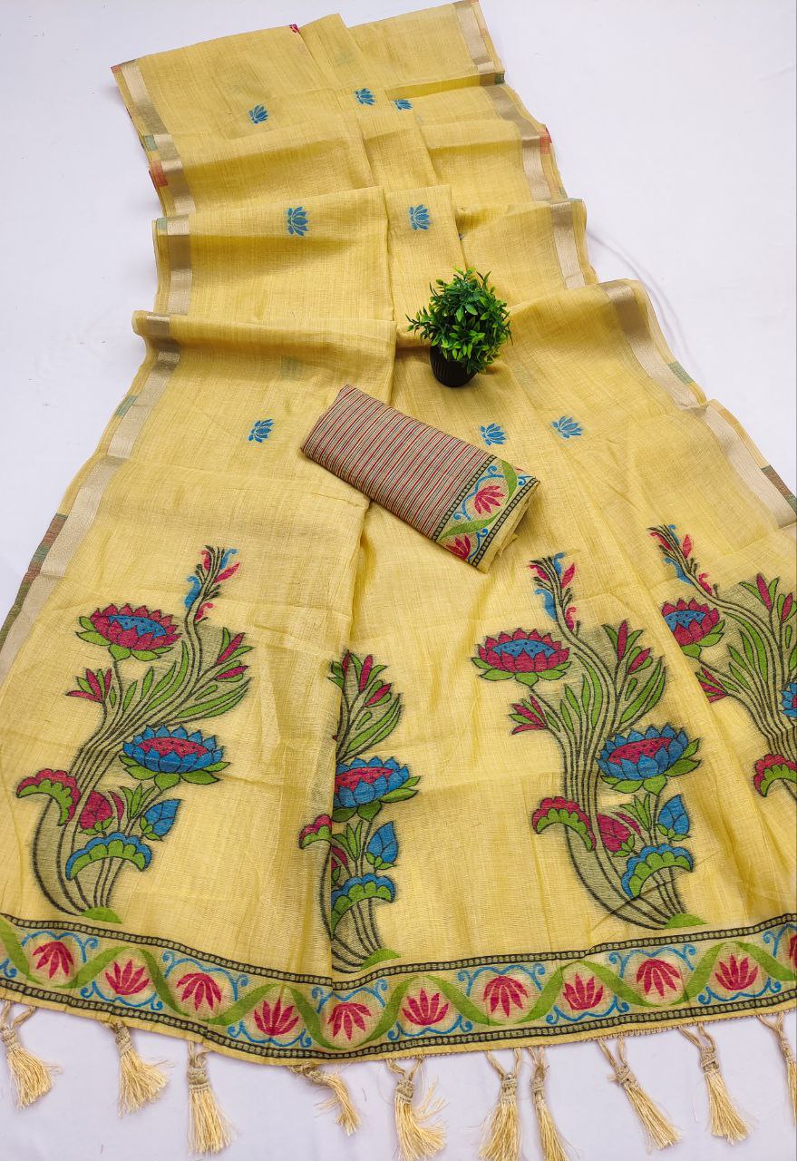 Mameraa Sarees Soft Pure Muga Cotton Saree With Meenakari Weaving Motifs And Contrast Blouse-Yellow | Grocsy