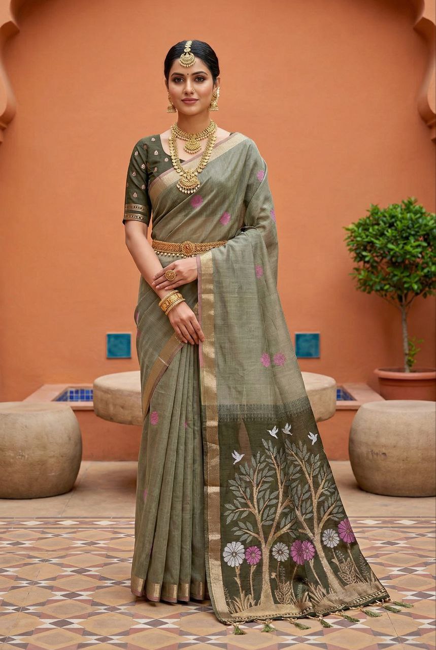 Mameraa Sarees Soft Pure Muga Cotton Saree With Meenakari Weaving Motifs And Contrast Blouse-Multi | Grocsy