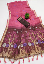 Mameraa Sarees Soft Pure Muga Cotton Saree With Meenakari Weaving Motifs And Contrast Blouse-Pink | Grocsy