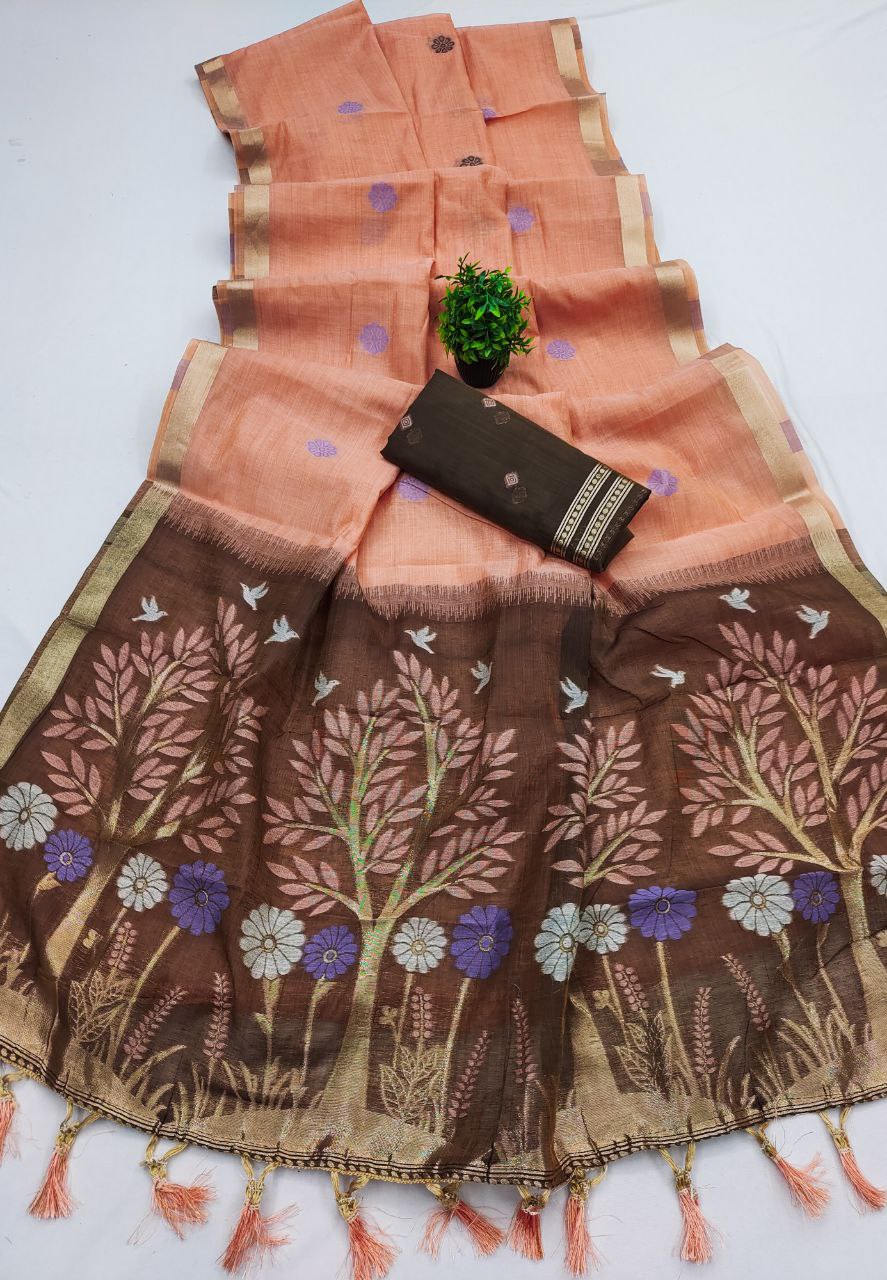 Mameraa Sarees Soft Pure Muga Cotton Saree With Meenakari Weaving Motifs And Contrast Blouse-Peach | Grocsy
