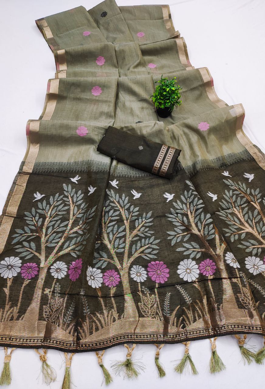 Mameraa Sarees Soft Pure Muga Cotton Saree With Meenakari Weaving Motifs And Contrast Blouse-Multi | Grocsy