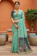 Mameraa Sarees Soft Pure Muga Cotton Saree With Meenakari Weaving Motifs And Contrast Blouse-Sky_Blue | Grocsy