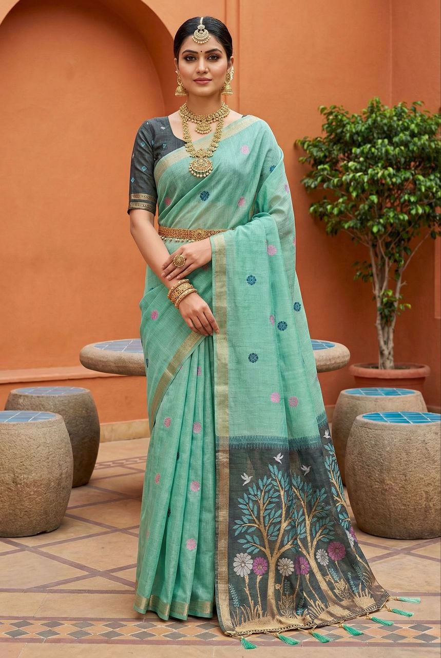 Mameraa Sarees Soft Pure Muga Cotton Saree With Meenakari Weaving Motifs And Contrast Blouse-Sky_Blue | Grocsy