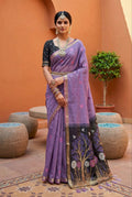 Mameraa Sarees Soft Pure Muga Cotton Saree With Meenakari Weaving Motifs And Contrast Blouse-Purple | Grocsy