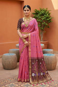 Mameraa Sarees Soft Pure Muga Cotton Saree With Meenakari Weaving Motifs And Contrast Blouse-Pink | Grocsy