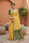 Mameraa Sarees Soft Pure Muga Cotton Saree With Meenakari Weaving Motifs And Contrast Blouse-Yellow | Grocsy
