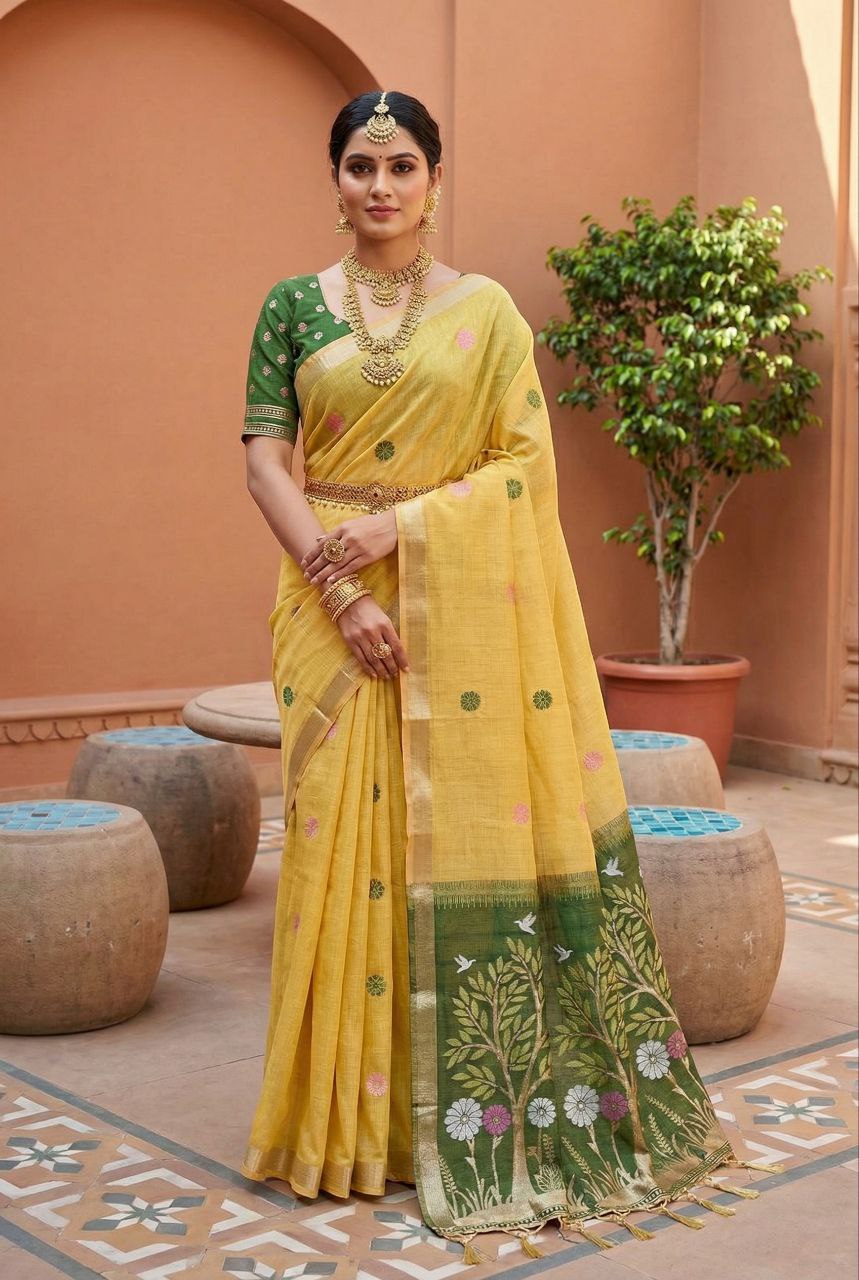 Mameraa Sarees Soft Pure Muga Cotton Saree With Meenakari Weaving Motifs And Contrast Blouse-Yellow | Grocsy
