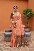 Mameraa Sarees Soft Pure Muga Cotton Saree With Meenakari Weaving Motifs And Contrast Blouse-Peach | Grocsy