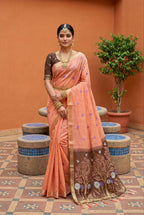 Mameraa Sarees Soft Pure Muga Cotton Saree With Meenakari Weaving Motifs And Contrast Blouse-Peach | Grocsy