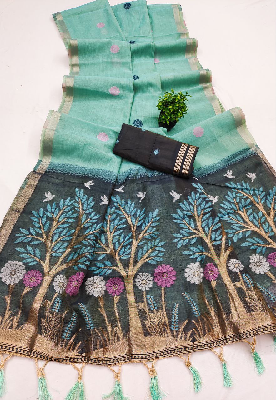 Mameraa Sarees Soft Pure Muga Cotton Saree With Meenakari Weaving Motifs And Contrast Blouse-Sky_Blue | Grocsy