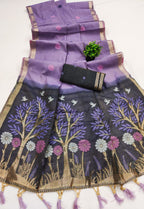 Mameraa Sarees Soft Pure Muga Cotton Saree With Meenakari Weaving Motifs And Contrast Blouse-Purple | Grocsy