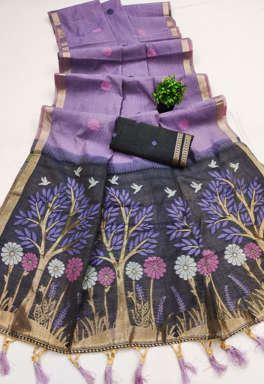 Mameraa Sarees Soft Pure Muga Cotton Saree With Meenakari Weaving Motifs And Contrast Blouse-Purple | Grocsy