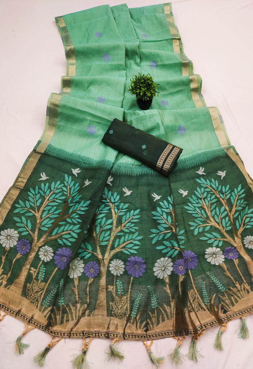 Mameraa Sarees Soft Pure Muga Cotton Saree With Meenakari Weaving Motifs And Contrast Blouse-Sea_Green | Grocsy