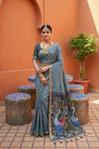 Mameraa Sarees Soft Pure Muga Cotton Saree With Meenakari Weaving Motifs And Contrast Blouse-Grey | Grocsy