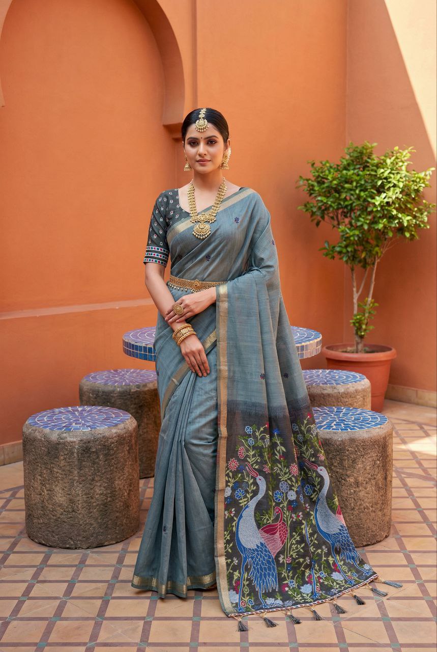 Mameraa Sarees Soft Pure Muga Cotton Saree With Meenakari Weaving Motifs And Contrast Blouse-Grey | Grocsy