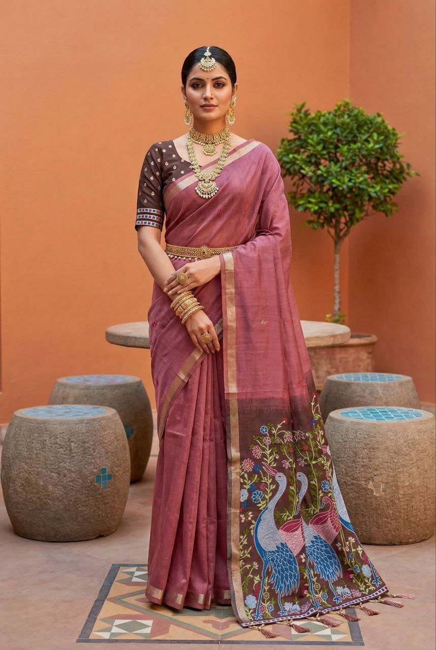 Mameraa Sarees Soft Pure Muga Cotton Saree With Meenakari Weaving Motifs And Contrast Blouse-Pink | Grocsy