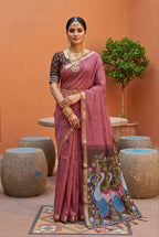 Mameraa Sarees Soft Pure Muga Cotton Saree With Meenakari Weaving Motifs And Contrast Blouse-Pink | Grocsy