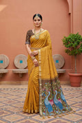 Mameraa Sarees Soft Pure Muga Cotton Saree With Meenakari Weaving Motifs And Contrast Blouse-Yellow | Grocsy