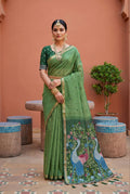 Mameraa Sarees Soft Pure Muga Cotton Saree With Meenakari Weaving Motifs And Contrast Blouse-Green | Grocsy