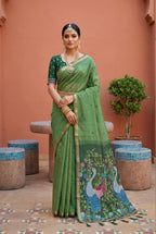 Mameraa Sarees Soft Pure Muga Cotton Saree With Meenakari Weaving Motifs And Contrast Blouse-Green | Grocsy