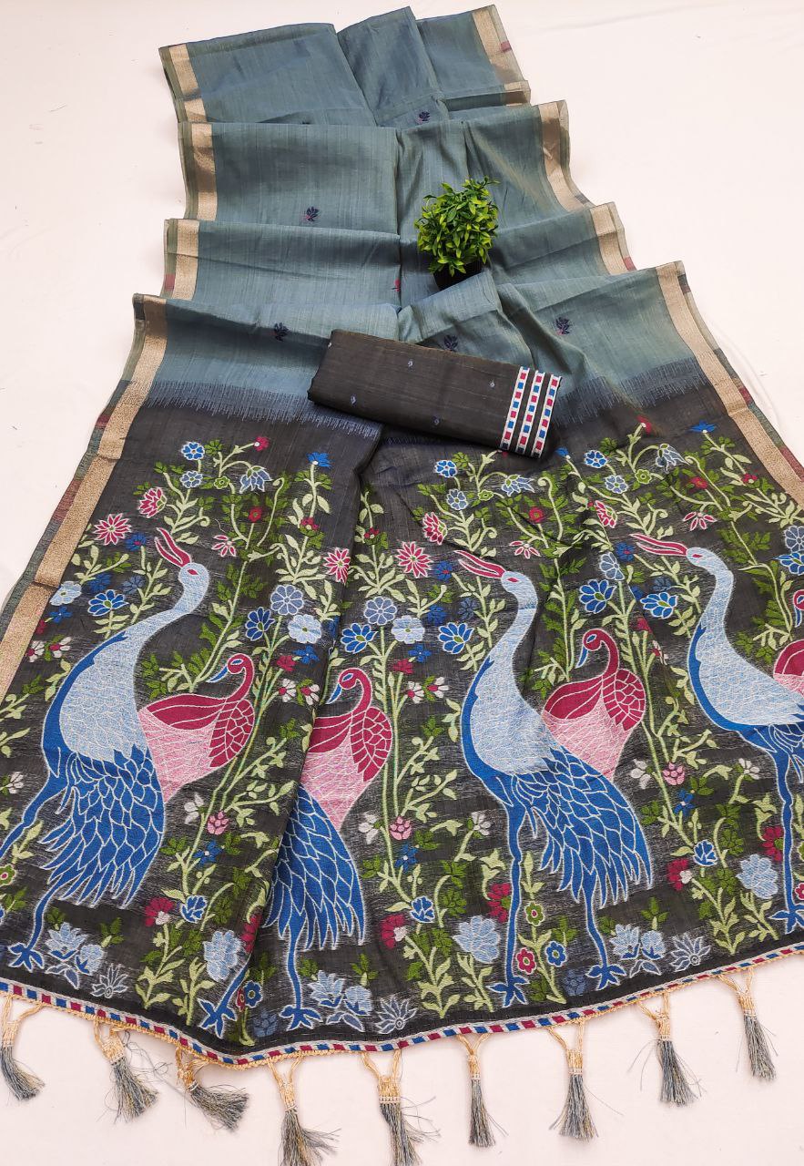 Mameraa Sarees Soft Pure Muga Cotton Saree With Meenakari Weaving Motifs And Contrast Blouse-Grey | Grocsy