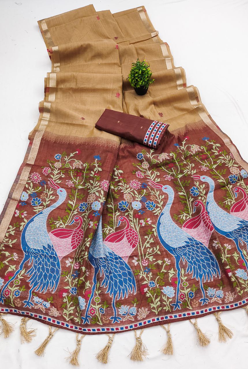 Mameraa Sarees Soft Pure Muga Cotton Saree With Meenakari Weaving Motifs And Contrast Blouse-Cream | Grocsy